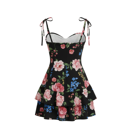 BLACK FLORAL RUFFLE DRESS