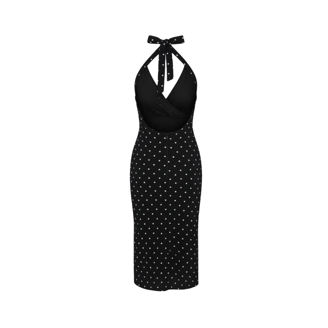 POLKA DOT BLACK HALTER NECK DRESS