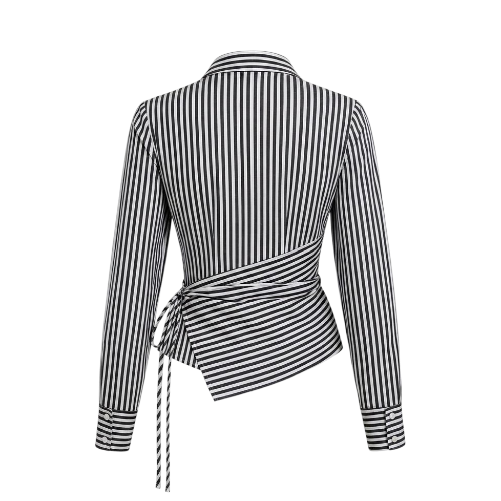 Valeria Banker Stripe Wrap Shirt - Black