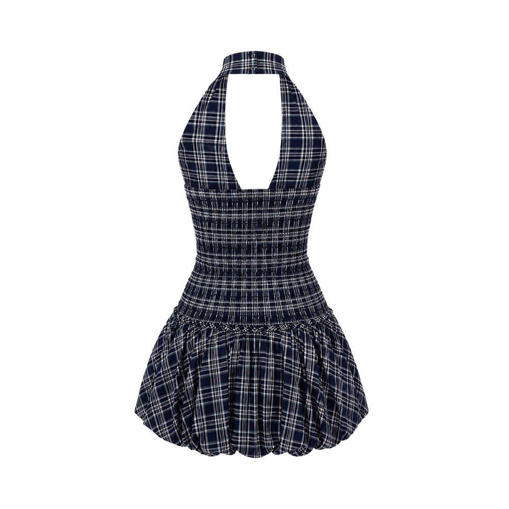 Valeria Plaid Halter Ruffle Dress - Navy Blue