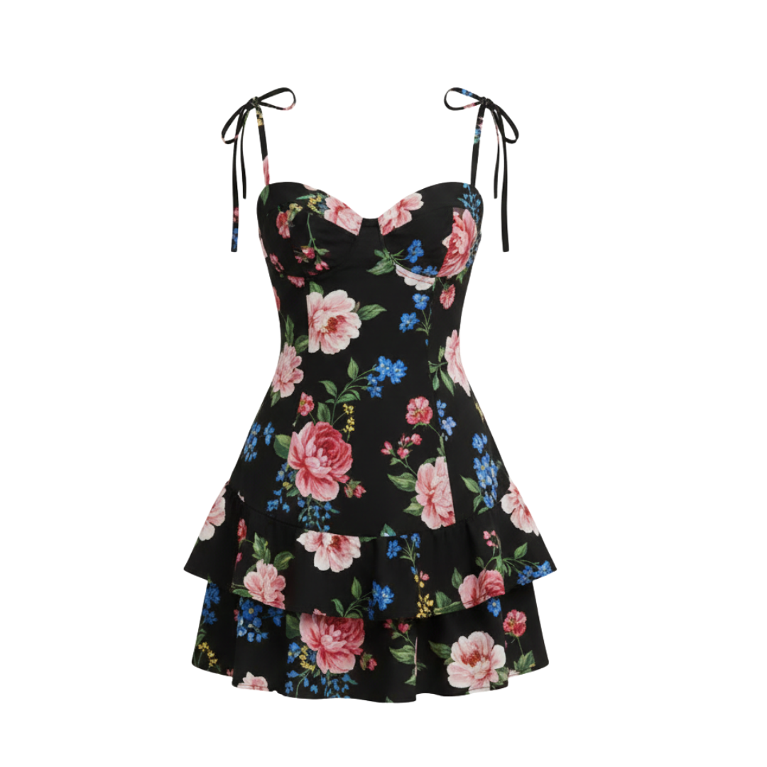 BLACK FLORAL RUFFLE DRESS