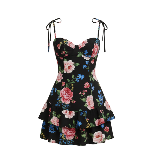 BLACK FLORAL RUFFLE DRESS