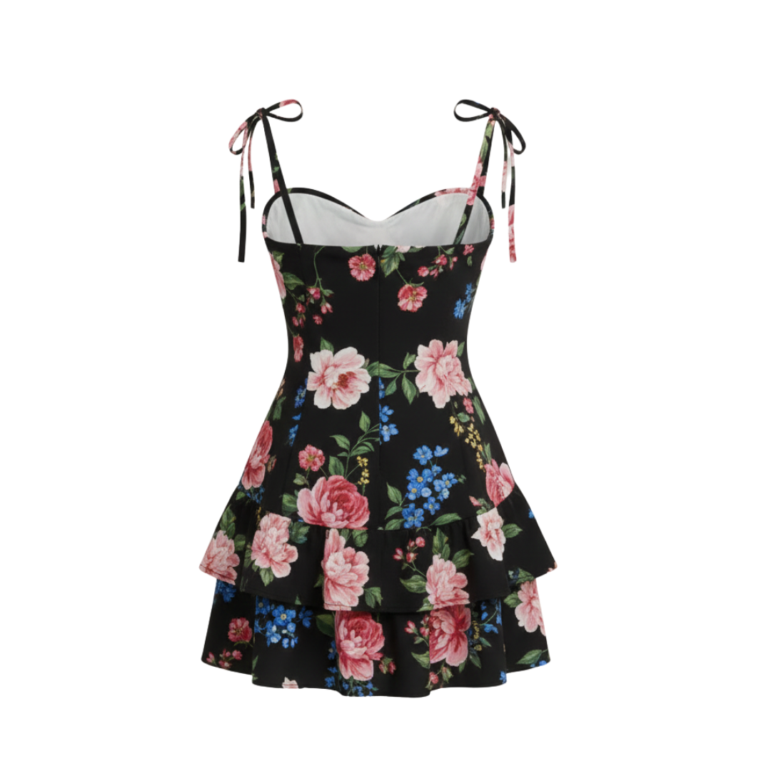 BLACK FLORAL RUFFLE DRESS