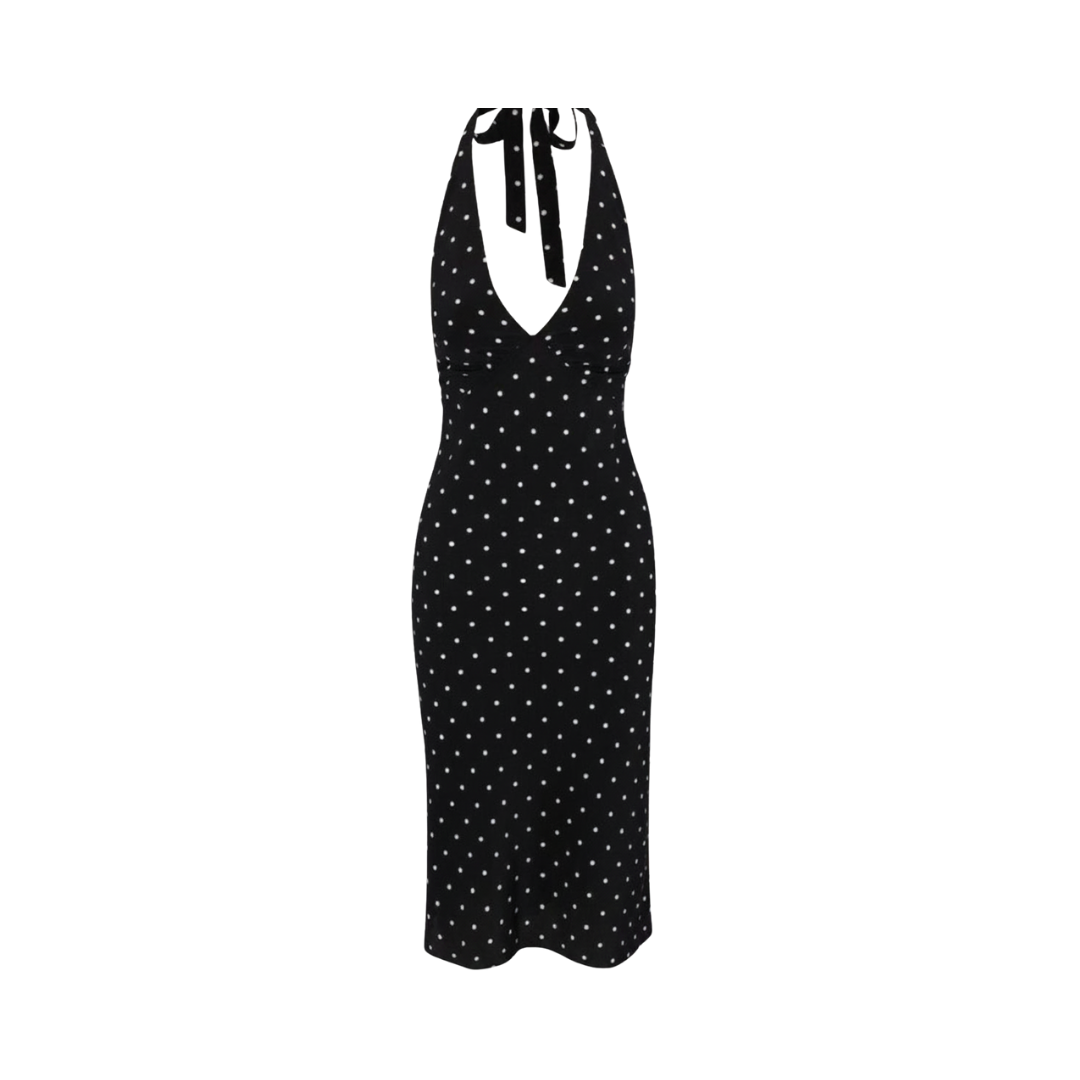 POLKA DOT BLACK HALTER NECK DRESS