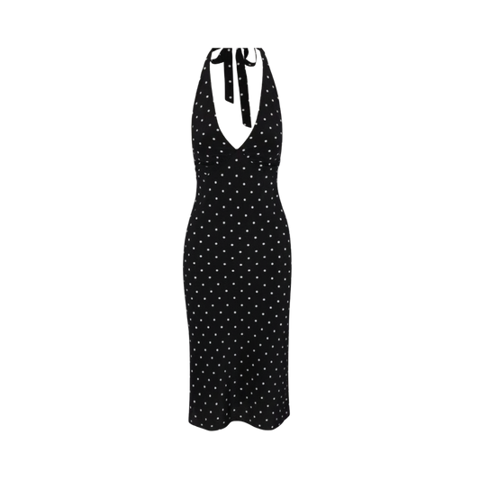 POLKA DOT BLACK HALTER NECK DRESS