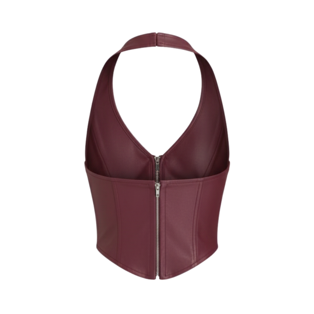 FAUX LEATHER HALTERNECK CROP TOP