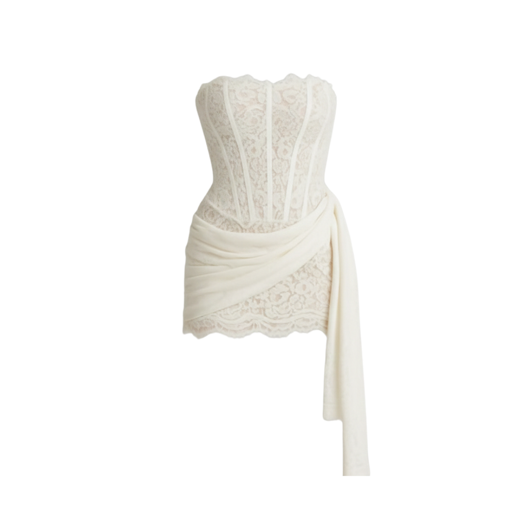 LACE TUBE TIE WHITE MINI DRESS