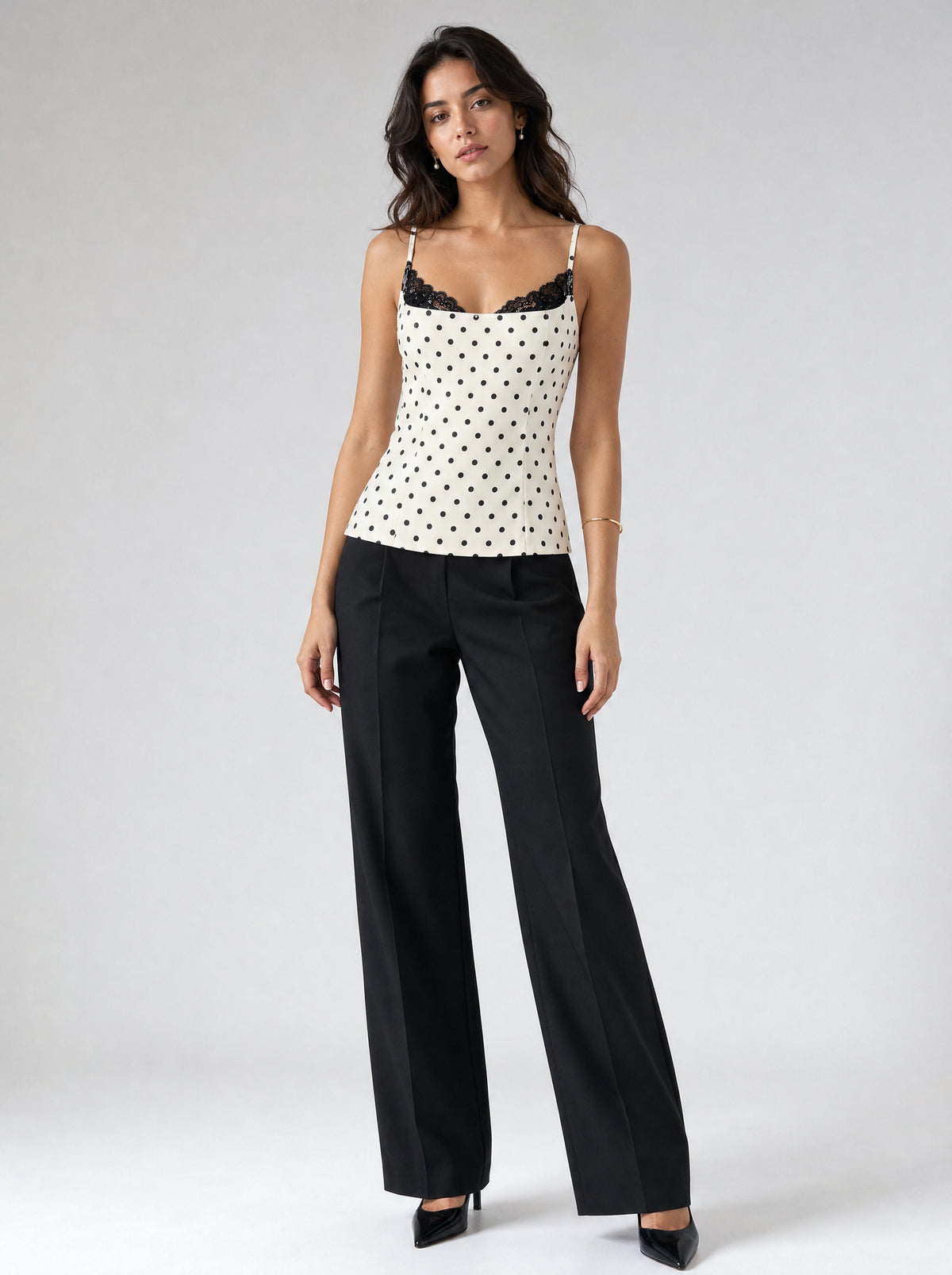 Valeria Lace Edge Polka Dot Corset Cami — model full body