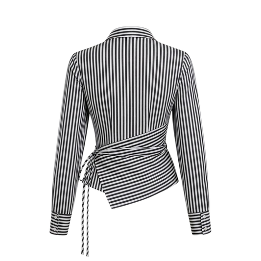 Valeria Banker Stripe Wrap Shirt - Black