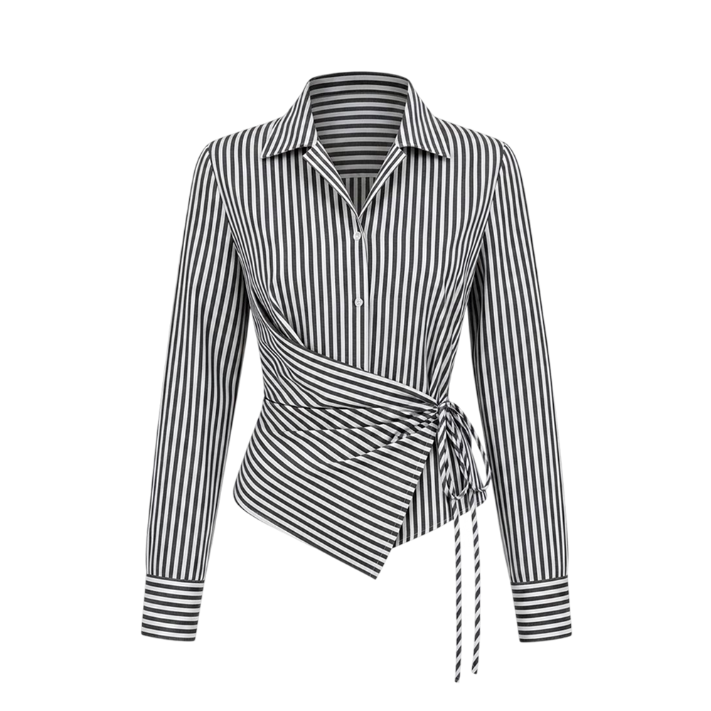 Valeria Banker Stripe Wrap Shirt - Black