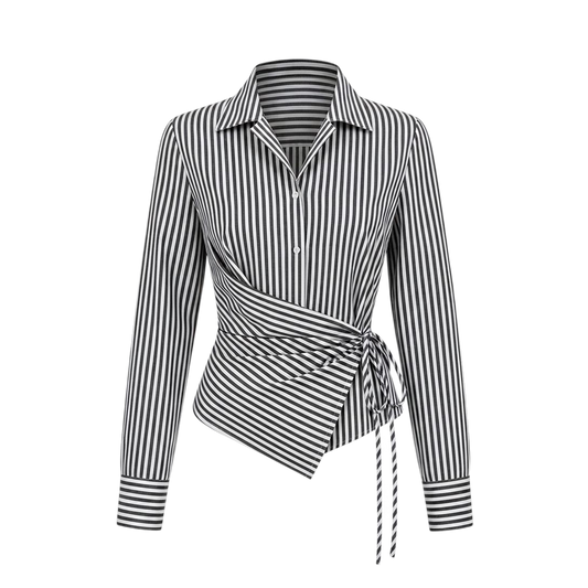 Valeria Banker Stripe Wrap Shirt - Black