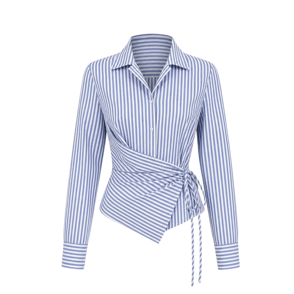 Valeria Banker Stripe Wrap Shirt - Blue