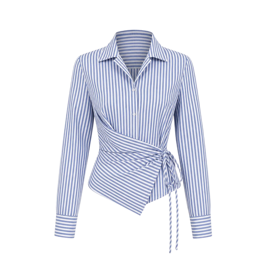 Valeria Banker Stripe Wrap Shirt - Blue