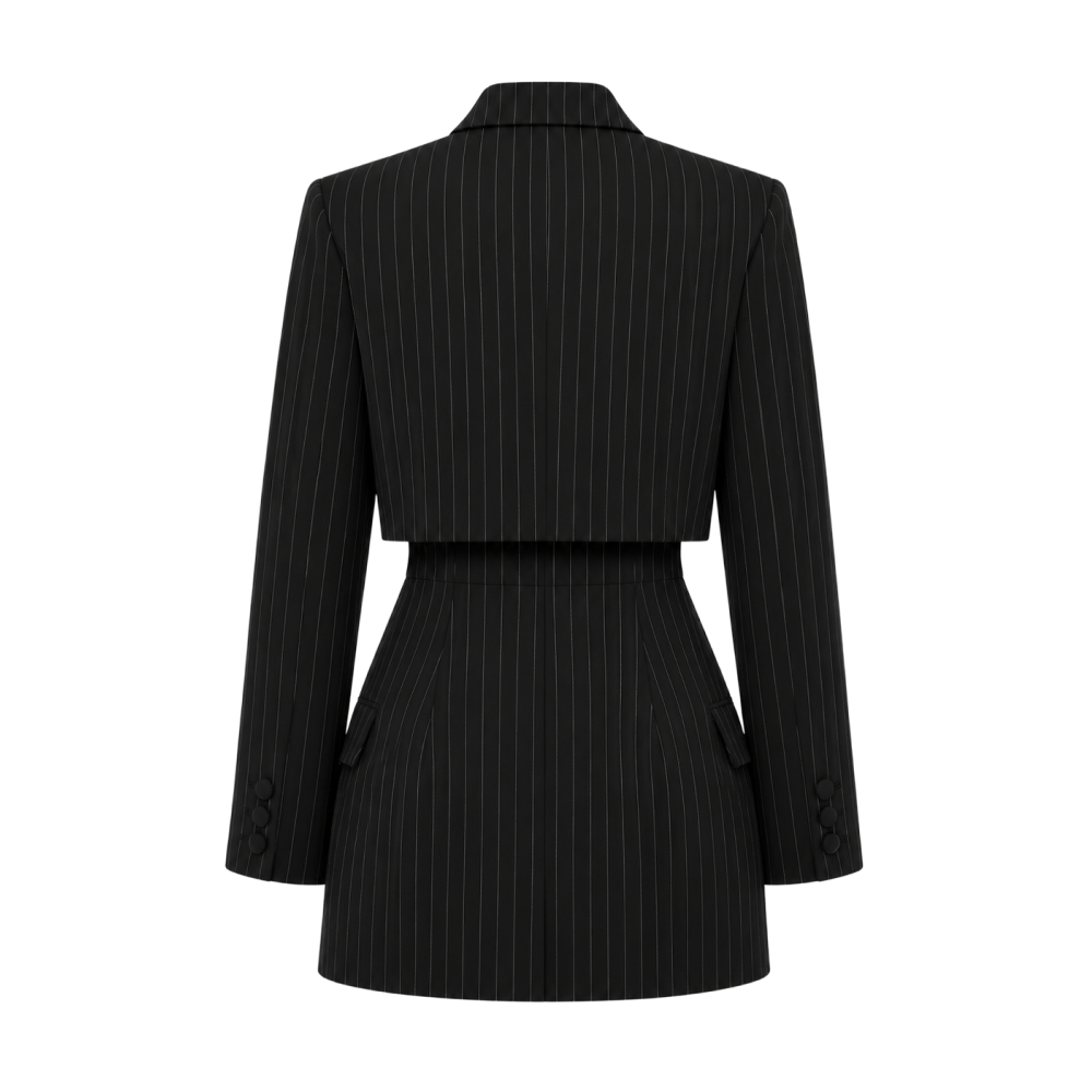 Valeria Cropped Tailored Blazer Set - Black Pinstripe