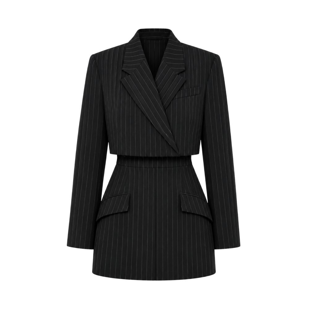 Valeria Cropped Tailored Blazer Set - Black Pinstripe