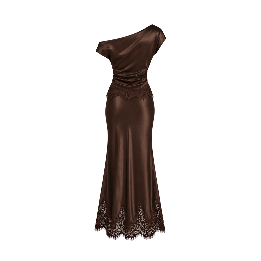 Valeria Draped Asymmetric Lace Satin Co-Ord Set – Chocolate