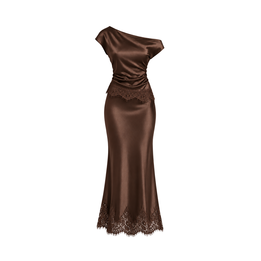Valeria Draped Asymmetric Lace Satin Co-Ord Set – Chocolate