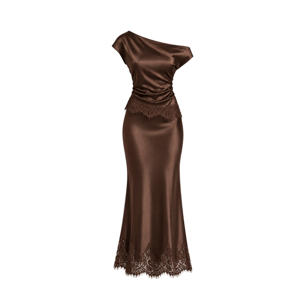 Valeria Draped Asymmetric Lace Satin Co-Ord Set – Chocolate