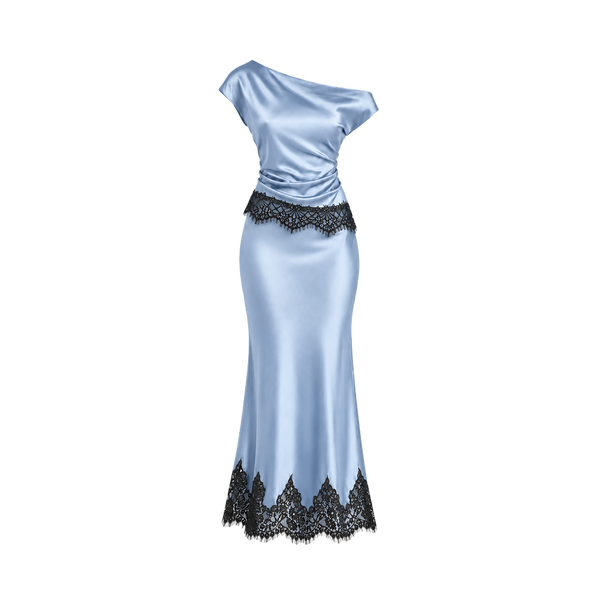 Valeria Draped Asymmetric Lace Satin Co-Ord Set – Powder Blue