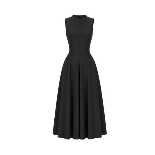 Valeria Flared High Neck Midi Dress - Black