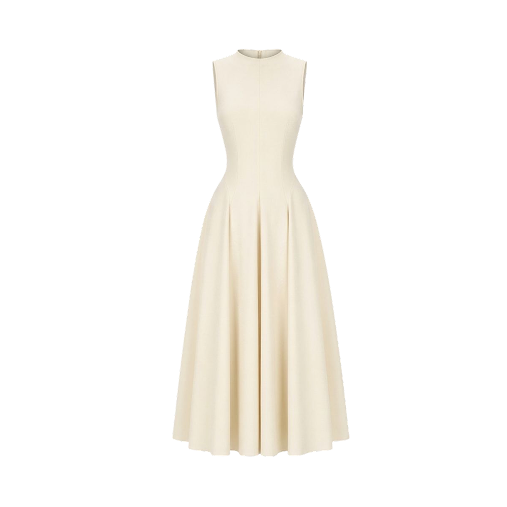 Valeria Flared High Neck Midi Dress - Ivory