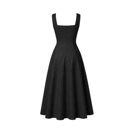 Valeria Gathered Square Neck Midi Dress - Black
