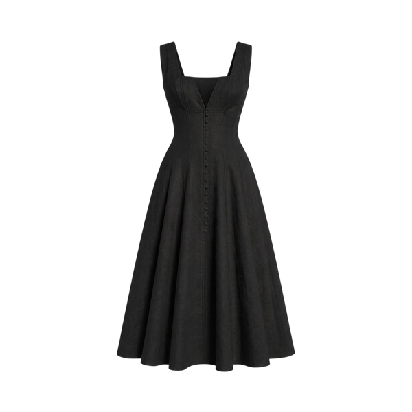 Valeria Gathered Square Neck Midi Dress - Black