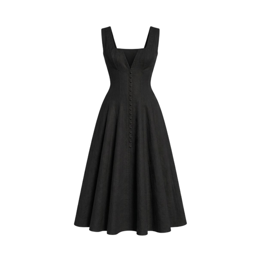 Valeria Gathered Square Neck Midi Dress - Black