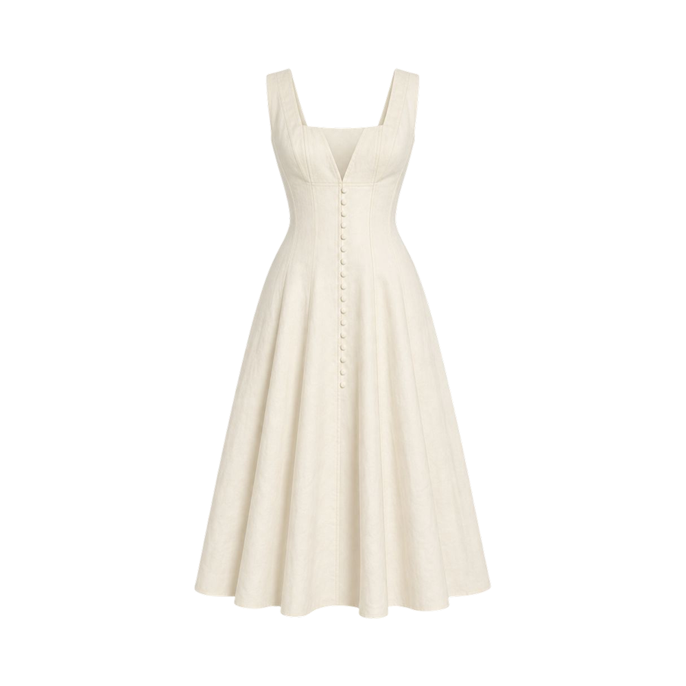 Valeria Gathered Square Neck Midi Dress - Ivory