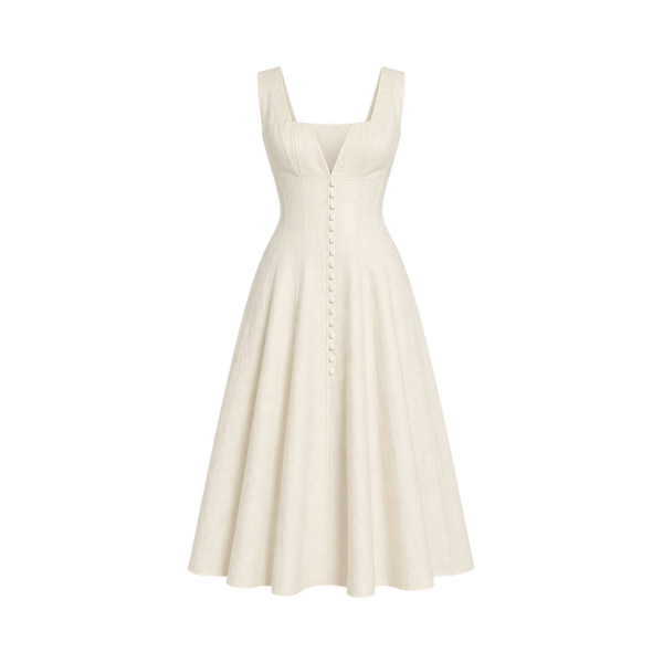 Valeria Gathered Square Neck Midi Dress - Ivory