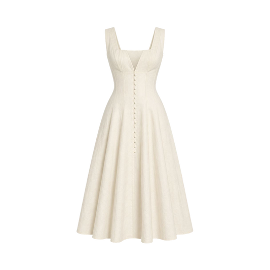 Valeria Gathered Square Neck Midi Dress - Ivory