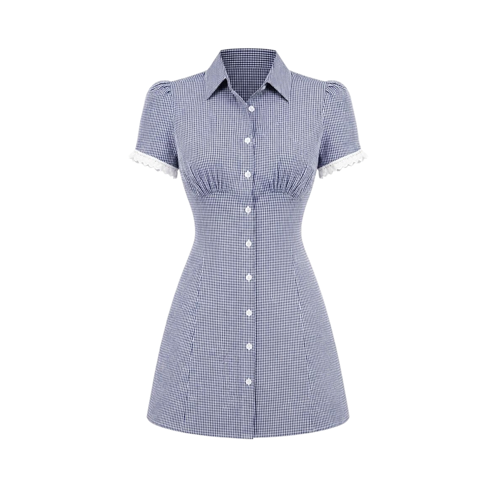 Valeria Lace Trim Shirt Mini Dress - Navy Blue
