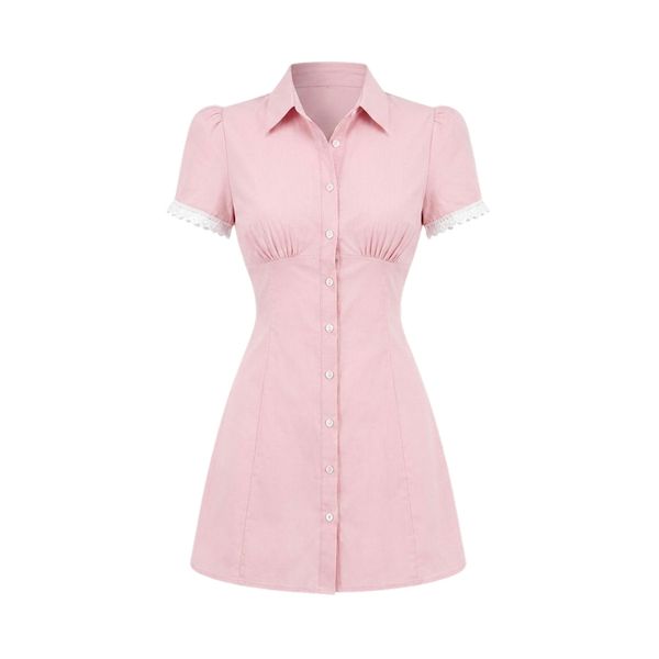 Valeria Lace Trim Shirt Mini Dress - Pink