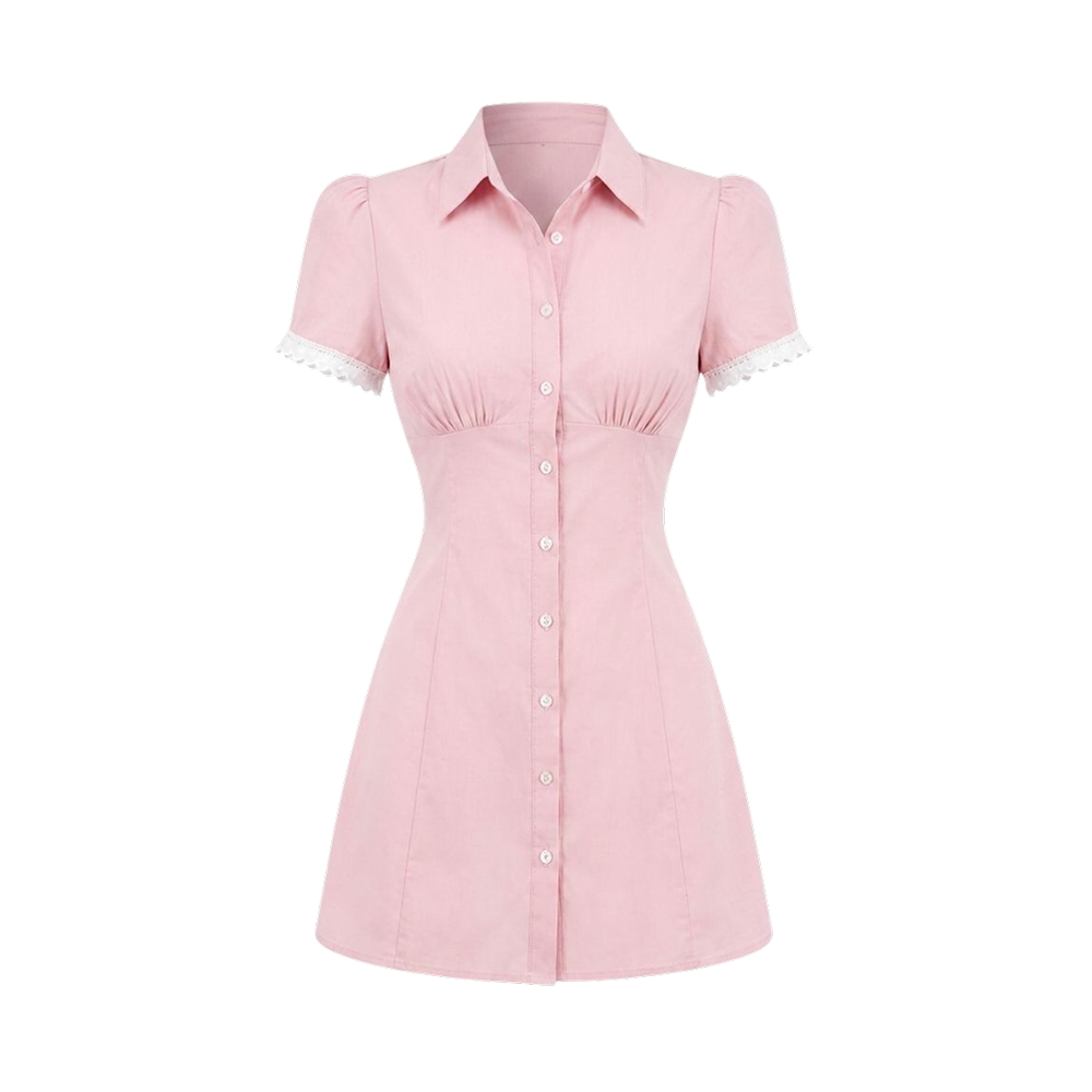 Valeria Lace Trim Shirt Mini Dress - Pink