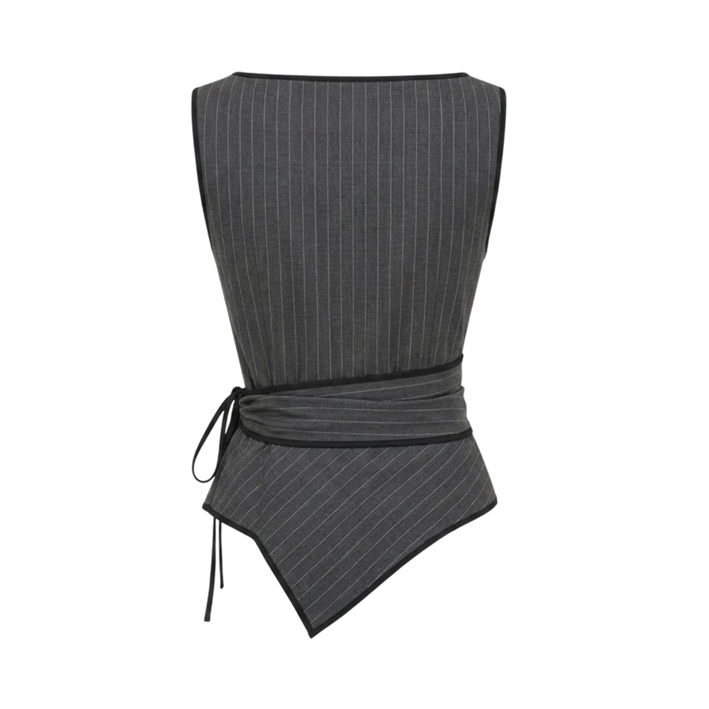 Valeria Pinstripe Asymmetric Wrap Top - Charcoal Pinstripe