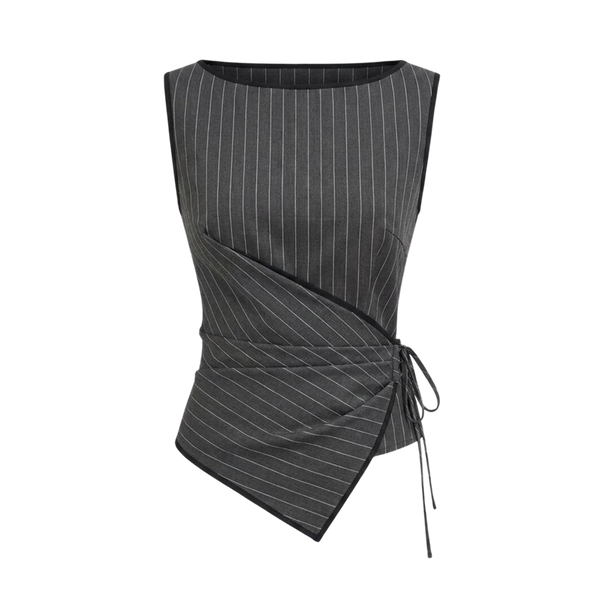 Valeria Pinstripe Asymmetric Wrap Top - Charcoal Pinstripe
