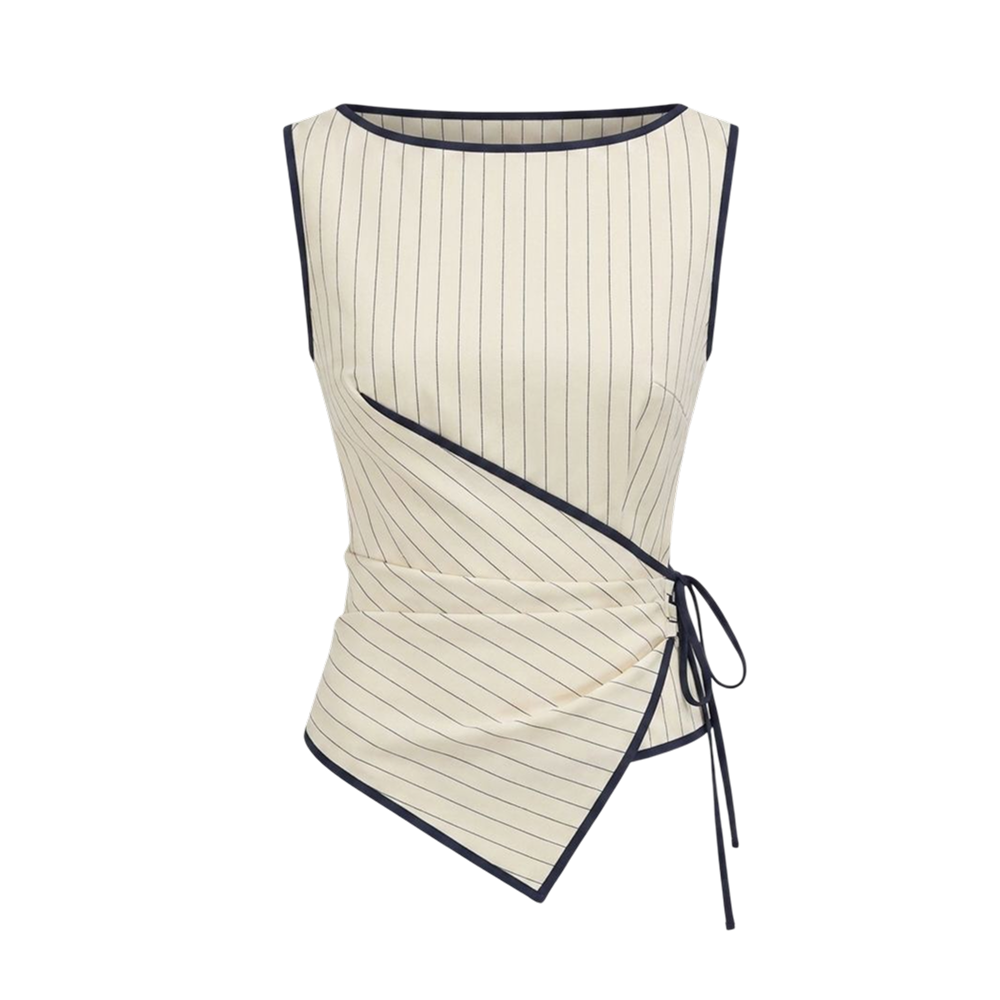 Valeria Pinstripe Asymmetric Wrap Top - Ivory Pinstripe