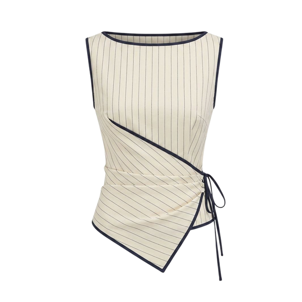 Valeria Pinstripe Asymmetric Wrap Top - Ivory Pinstripe