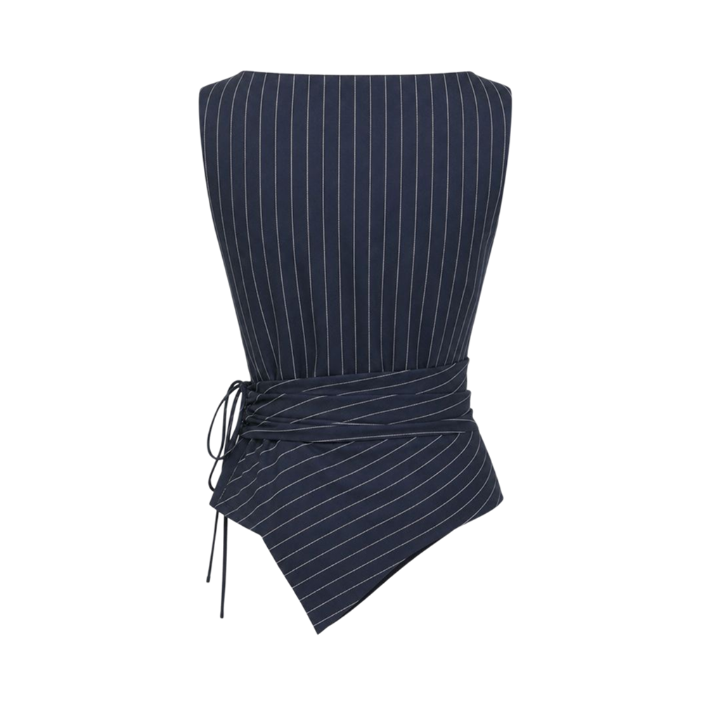 Valeria Pinstripe Asymmetric Wrap Top - Navy Pinstripe