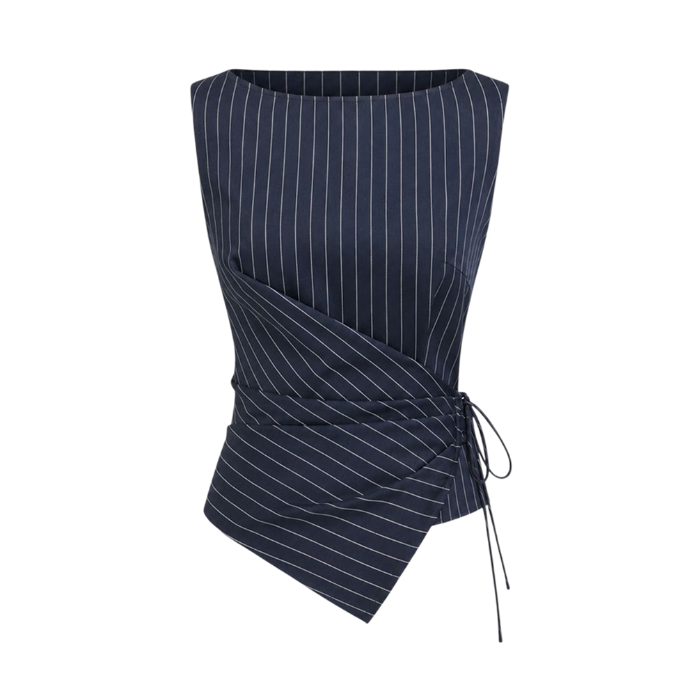 Valeria Pinstripe Asymmetric Wrap Top - Navy Pinstripe