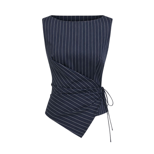 Valeria Pinstripe Asymmetric Wrap Top - Navy Pinstripe