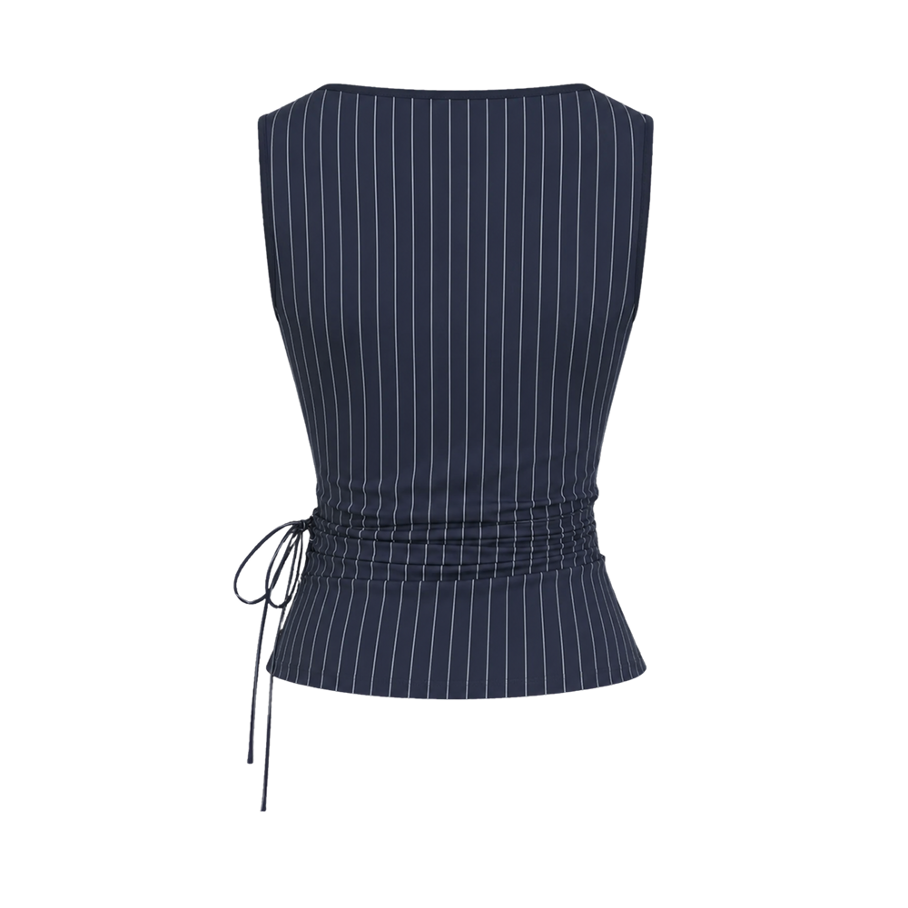 Valeria Pinstripe Asymmetric Wrap Top - Navy Pinstripe