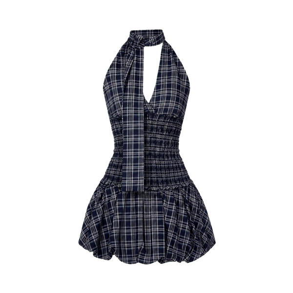 Valeria Plaid Halter Ruffle Dress - Navy Blue