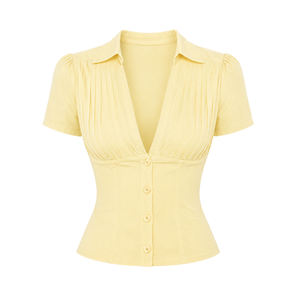 Valeria Pleated Plunge Shirt - Butter Yellow