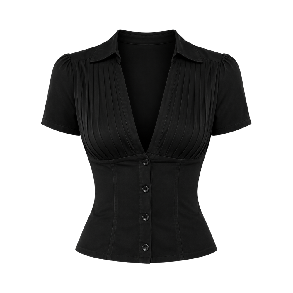 Valeria Pleated Plunge Shirt - Midnight Black