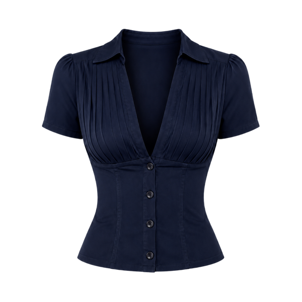 Valeria Pleated Plunge Shirt - Navy