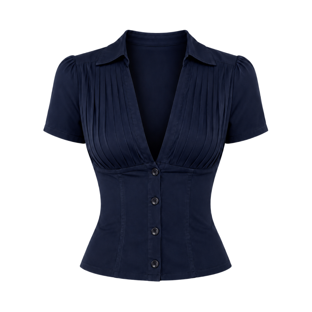 Valeria Pleated Plunge Shirt - Navy