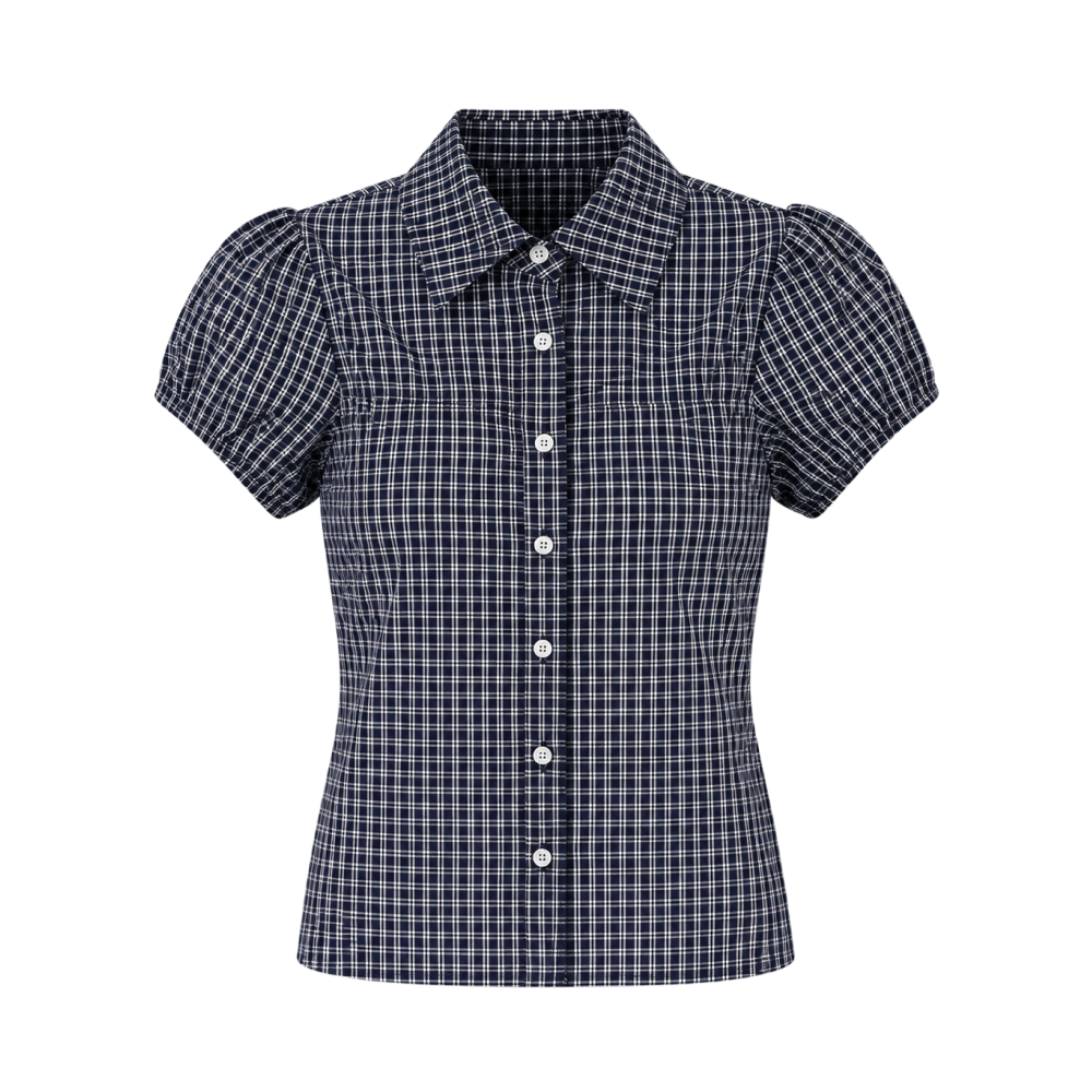 Valeria Puff Sleeve Gingham Shirt – Navy