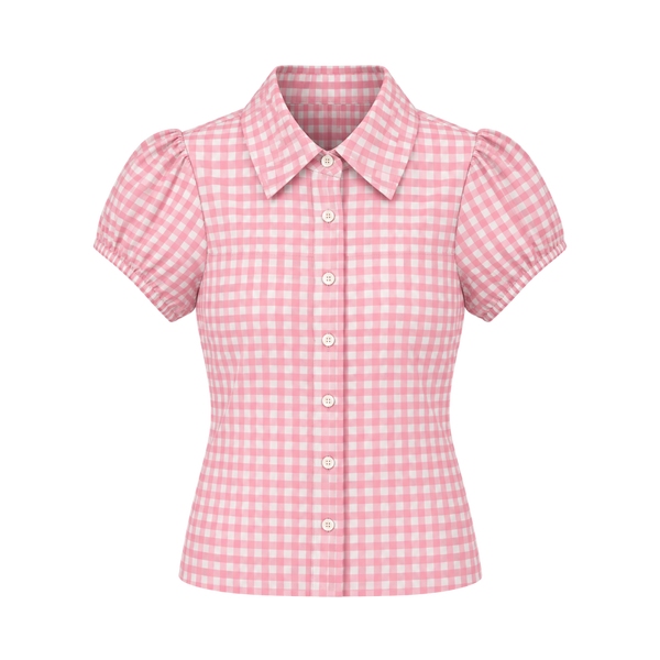 Valeria Puff Sleeve Gingham Shirt – Pink