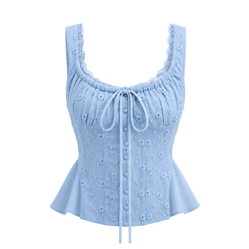 Valeria Ribbon Lace-Up Top - Powder Blue